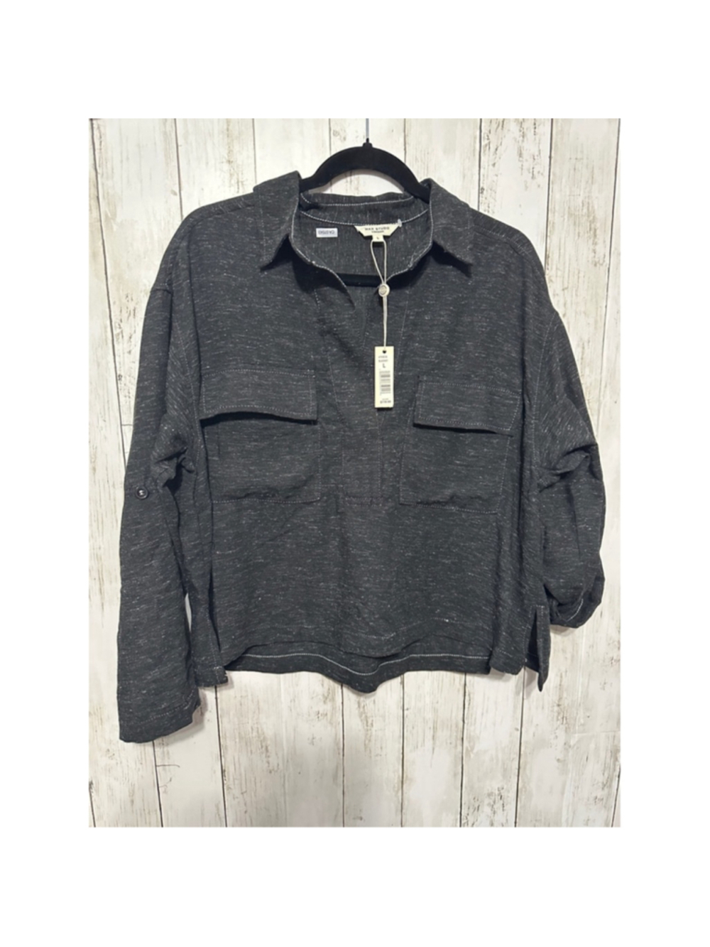 NWT Max Studio Size L Heather Black Linen Blend Roll Tab Utility Blouse - Picture 8 of 8